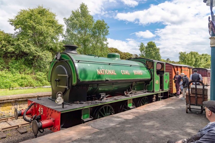 a person in a green train parked at a park