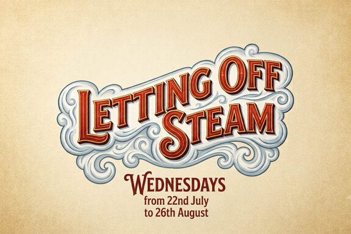 Decorative 'Letting Off Steam' text with dates and day of the week on cream background.